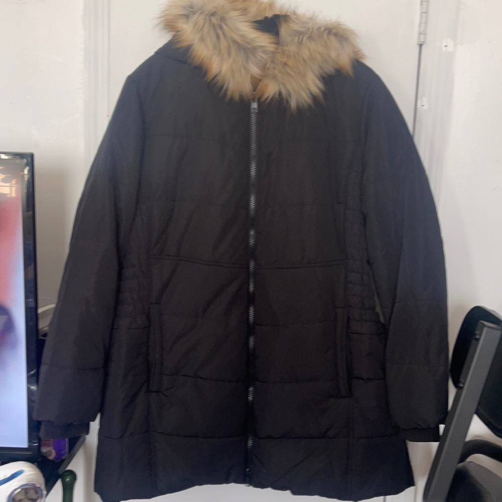 BLACK FAUX FUR TRIM FIT & FLARE PUFFER COAT